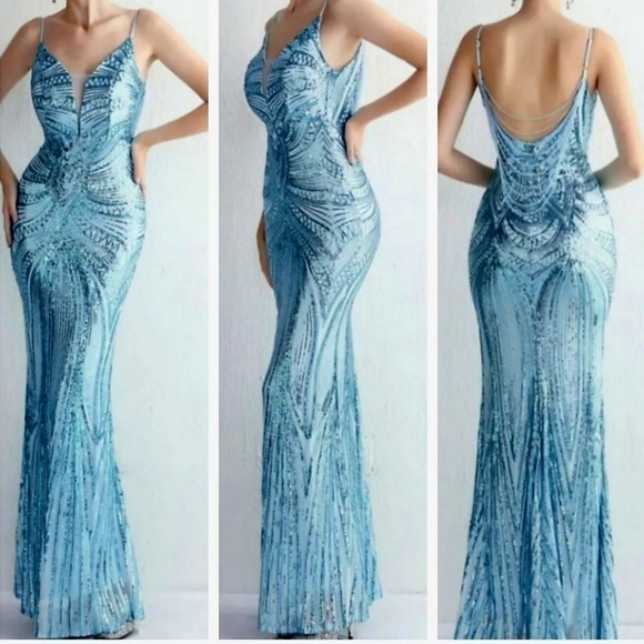 Dresses & Skirts - Blue, Geo Print, Sleeveless, Beaded Draped Back, V Neck, Sequined Merma…